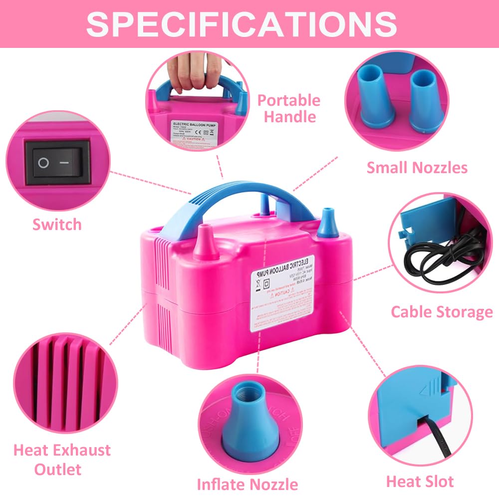 Balloon Pump Electric, 110V-120V Portable Dual Nozzle Balloon Blower with Tying Tools, Clips, Strips, Glues, Ribbons for Birthday Party Wedding Decorations