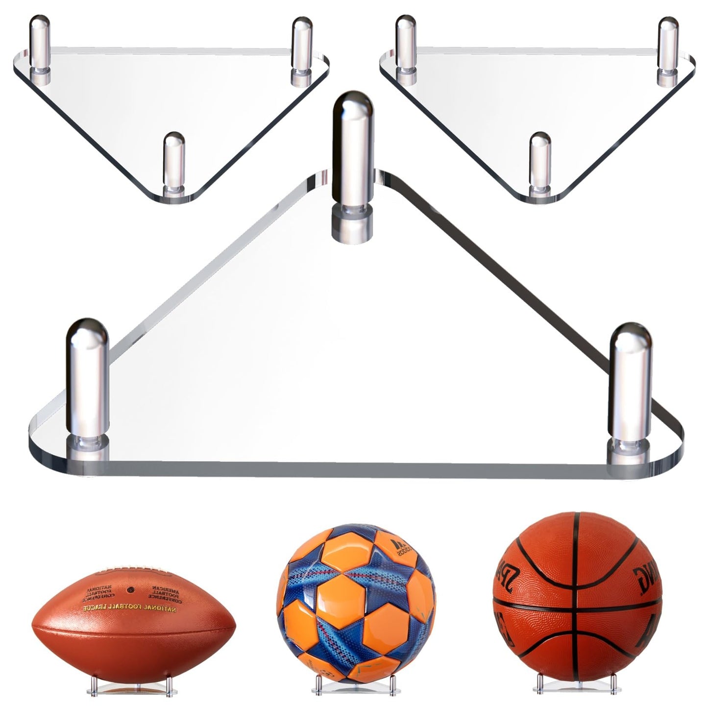 Happyseason 2-Pack Acrylic Football Stand, Basketball Stand with Stainless Steel Rods, Soccer Ball Holder, Volleyball Holder, Round-Edge Rack for Balls, Easy to Assemble (Clear)