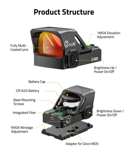 CVLIFE WolfCovert Motion Awake 6 MOA Red Dot Sight for Doctor Cut Footprint, Integrated Fiber Red Dot Scope for Full-Sized Pistols, Open Reflex Optics Sight with Adapter for MOS & 21MM Picatinny