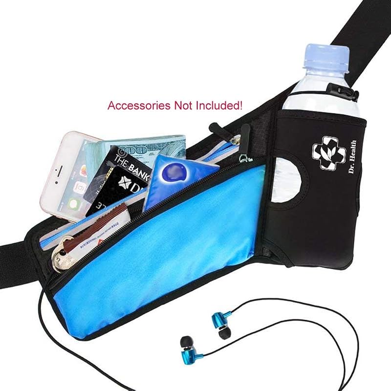 DR. HEALTH Running Belt Sport Waist Pack with Water Bottle Holder - Reflective Strips, 25-48 inch, BLACK/Light BLUE