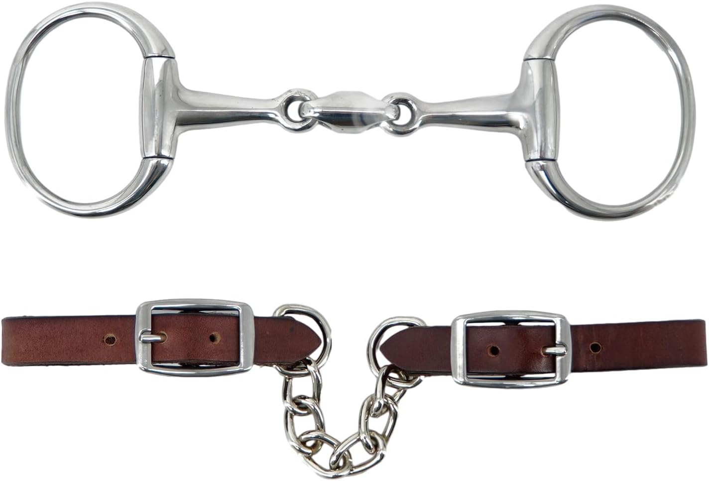 Jeereal Stainless Steel Western 5" Mouth Horse Eggbutt Bit with Leather Single Flat Link Chain Curb Strap,Double Jointed Mouth with Elliptical Link 2-3/4" Round Rings