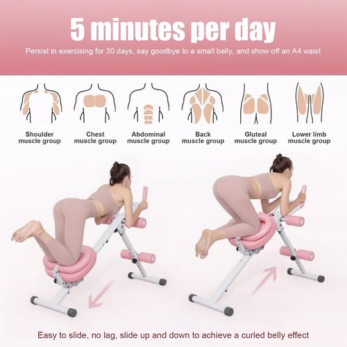 BESUFY Ab Workout Equipment, Ab Machine for Stomach Workout, Adjustable Ab Trainer Machine with LCD Data Display Screen Full Body Workout, Home Gym Exercise Equipment Pink