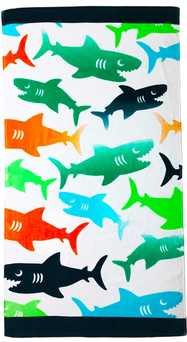 YIFONTIN Kids Beach Towel Super Soft Absorbent Cotton Velour Terry Blanket Throw 24"X48" for Bath Travel Camping Picnic Swimming Pool, Shark Group.