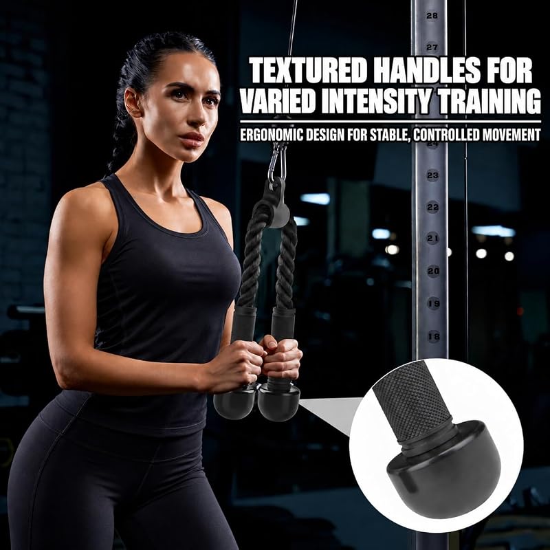Tricep Rope Cable Attachment with Non-Slip Handles for Lat Pulldown & Cable Machine