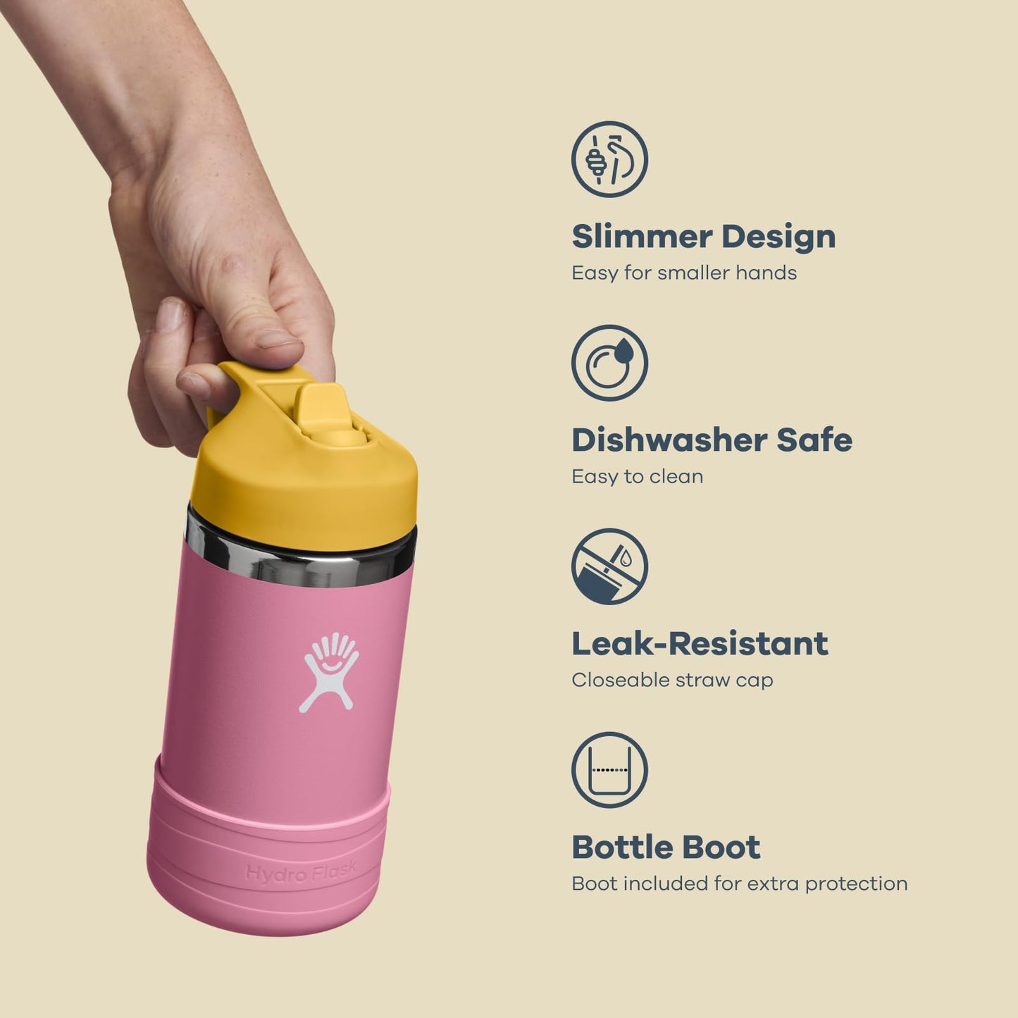 Hydro Flask Kids Water Bottle for School - Stainless Steel and Insulated with Straw Cap - 12 Oz Dahlia