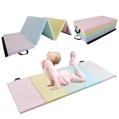 Wansenya 5 Folding PU Gymnastics Mats for Tumbling,Foldable Exercise Tumble Mat for Home Gyms,Durable Gymnastics Tumbling Mats with Carrying Handles for Home Activity Play,Macaron Color