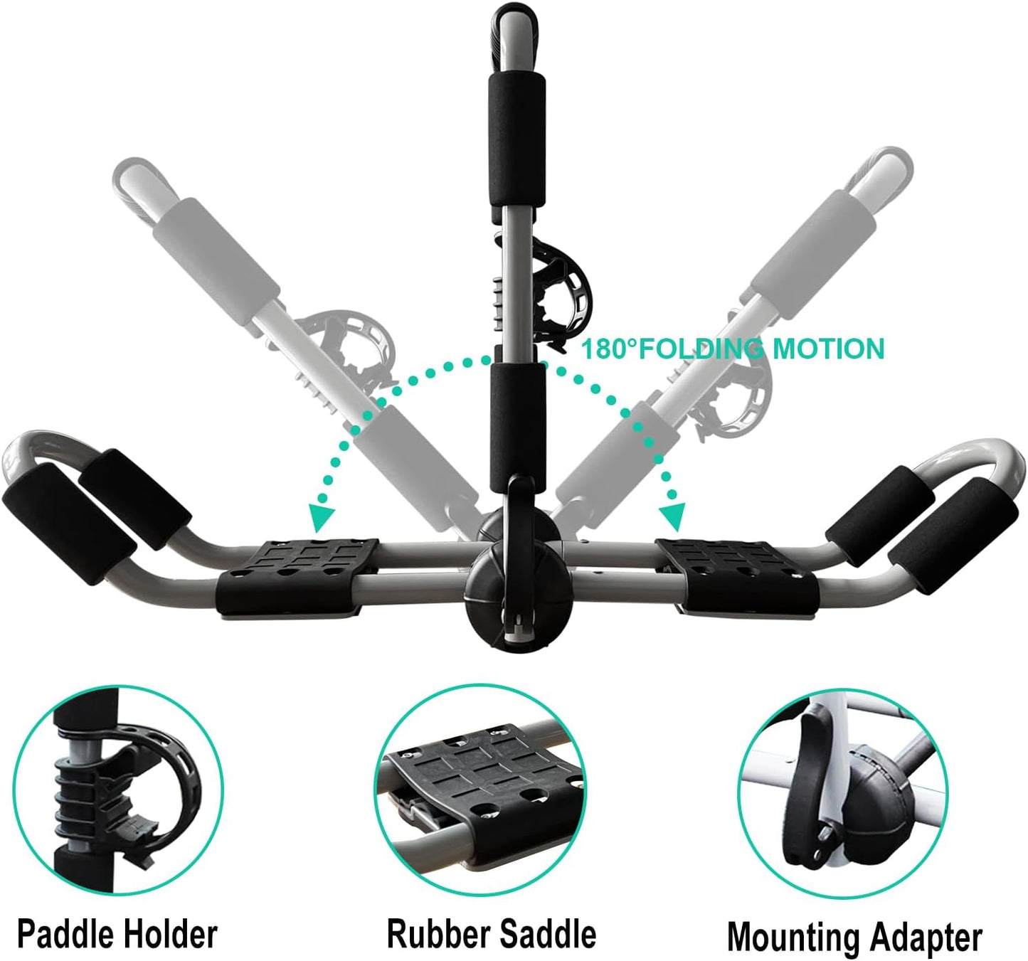 Kayak Roof Rack 4-in-1 Folding Adjustable Bilateral J-Shaped Roof Rack for Kayak/Surf/Ski Roof Carrier Rack with 4 PCS Tie Down Straps On Rooftop Mount on Car SUV Truck Crossbar
