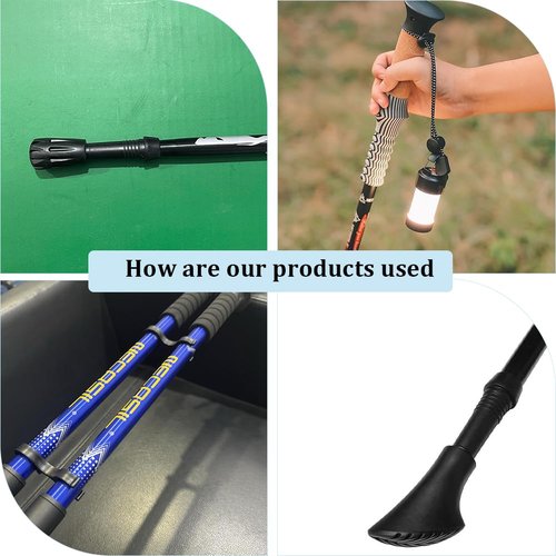 4Pcs Hiking Stick Holder Strap Black Fixing Buckle Elastic Rope Backpack Lanyard Straps with Pole Tips Cane Clip for Camping Mountaining Walking Trekking Fishing Accessories