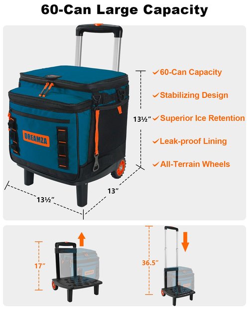Dreamza Soft Cooler with Wheels, 60-Can Wheeled Cooler with Handle, Leak Proof Rolling Cooler Insulated Bag with All-Terrain Cart, Collapsible Rolling Ice Chest for Beach Picnic Camping Grocery