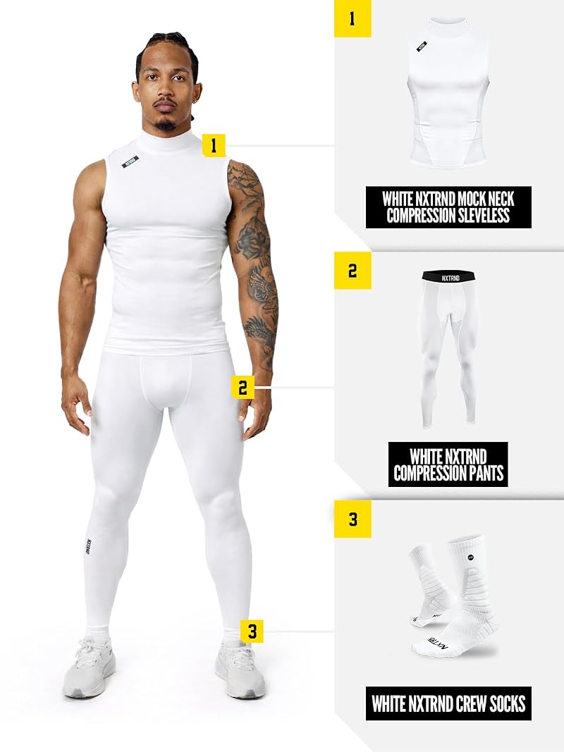 Nxtrnd Men's Turtleneck Compression Tank Top - Sleeveless Mock Neck, White, Medium