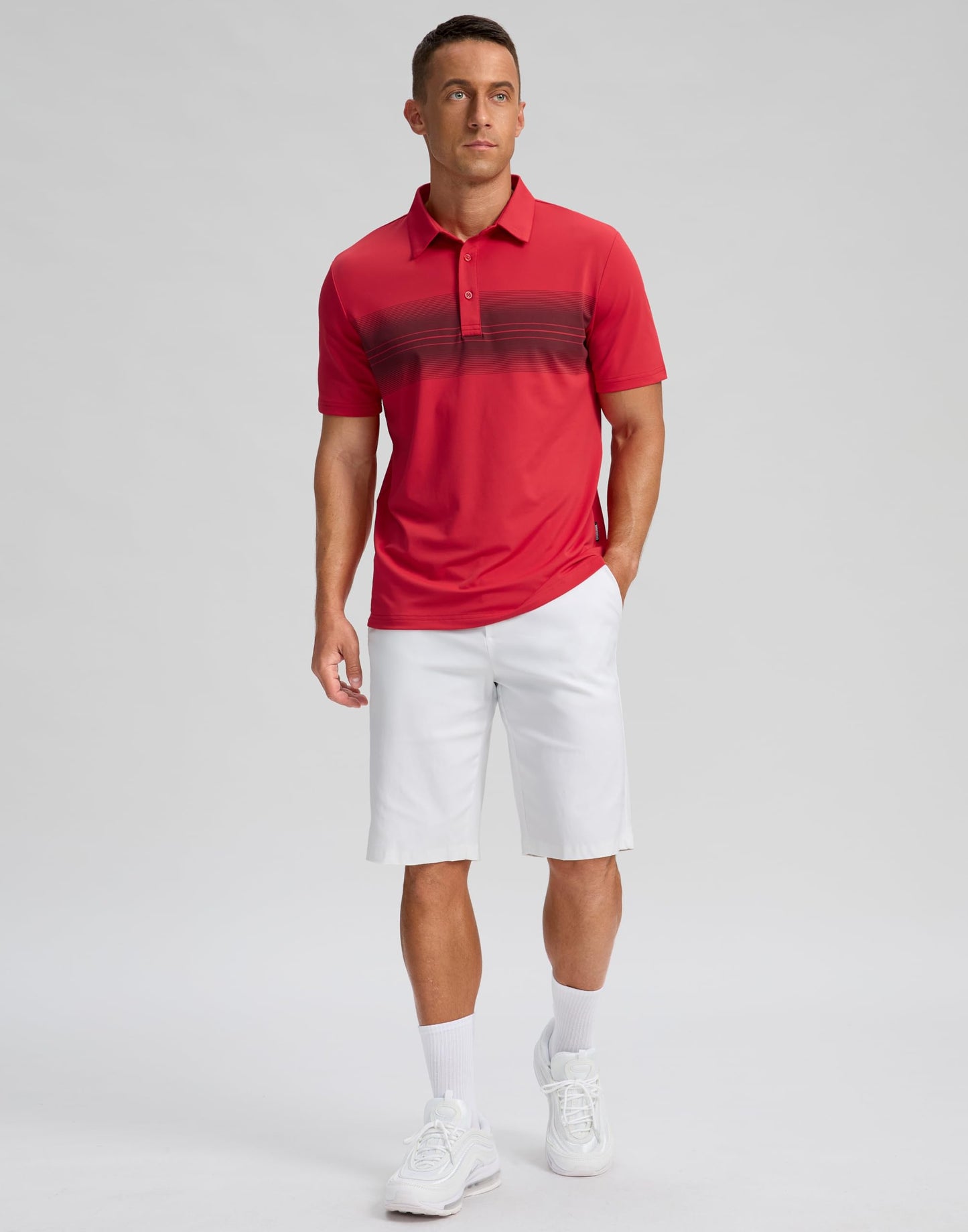 Men's Golf Shirts Dry Fit Moisture Wicking Performance Short Sleeve Collared Polo Shirts for Casual Tennis Bussiness (Red Stripe, L)