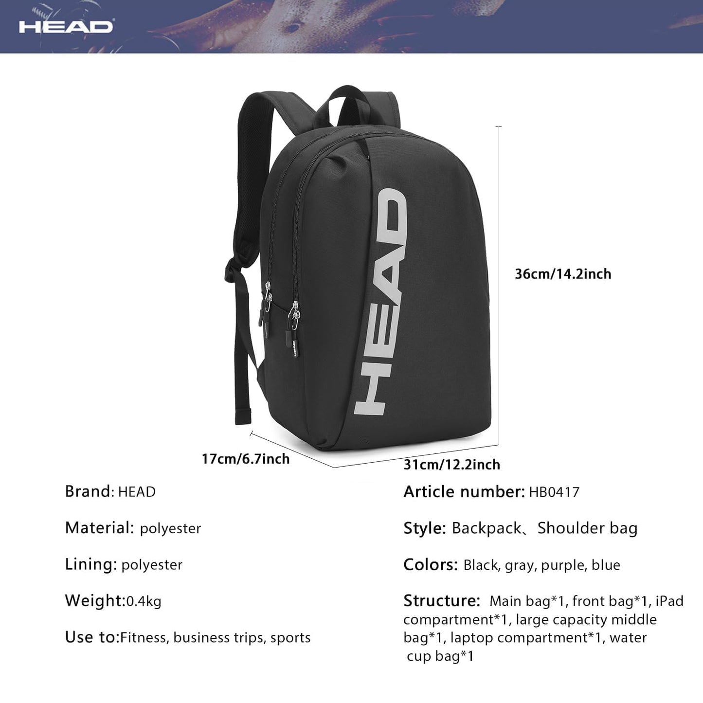 HEAD Waterproof Sports Gym Backpack for Women & Men, Large Casual Daypack Travel Backpacks for College/Weekender Overnight/Work/Fitness, 15.6 inch Laptop Backpack Lightweight Computer Bag Notebook Bag
