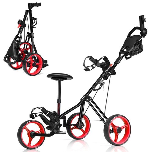GYMAX Golf Cart, Foldable 3 Wheel Golf Push Cart with Detachable Seat, Umbrella Holder & Scoreboard, Portable Lightweight Golf Pull Cart, Golf Bag Trolley for Golf Clubs (Red)