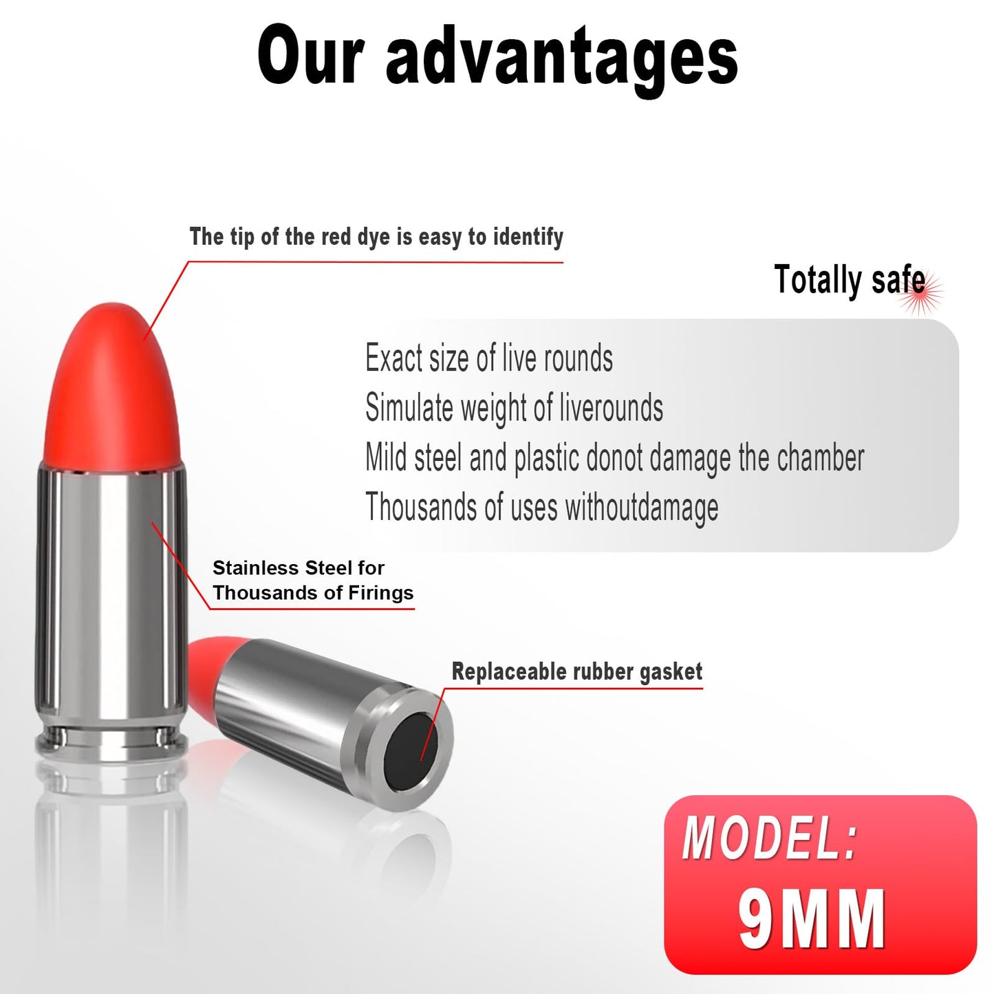 WAKAZO Training Snap Caps Dummy Rounds, Durable CNC-Machined Aluminum Alloy Safe for Handling Drills & Dry Fire Practice, Ideal for Shooting Skill Training (Silvery, 9MM-12PCS)