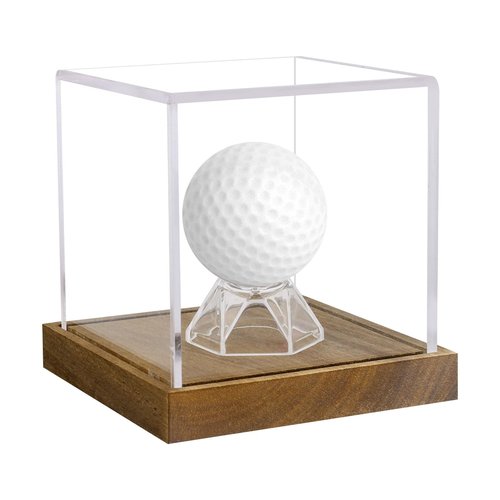 Hooqict Golf Ball Display Case Clear Acrylic Golf Ball Memorabilia Display Case with Wood Base and Ball Holder Stand Showcase Cube Single Golf Collection Box