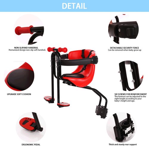 grofyllaa Kids Bike Seat, Baby Bicycle Seat Bearing 50kg Front Mounted Child Bike Seat with Handrail and Seatbelts for Children Aged 8 Months to 4 Years, Adjustable Kids Seat for Adult Bike, Red