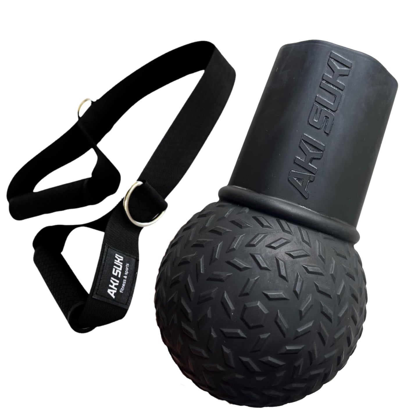 Aki Suki Landmine Attachment for Barbell, with Portable Strap Handle Accessory, Barbell Ball for Press Row Spin Split Squats, Durable Rubber Landmine Bomb Attachment, Fits 2 Inch Olympic Bars
