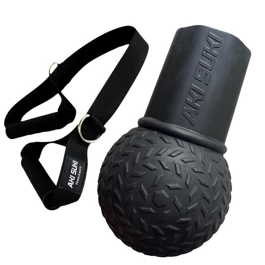 Aki Suki Landmine Attachment for Barbell, with Portable Strap Handle Accessory, Barbell Ball for Press Row Spin Split Squats, Durable Rubber Landmine Bomb Attachment, Fits 2 Inch Olympic Bars
