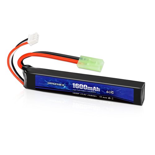 URGENEX Airsoft Battery 7.4V 1600mAh 60C High Discharge Rate Lipo Battery Pack with Mini Tamiya Plug Rechargeable 2S Lipos Fit for Airsoft Model Guns