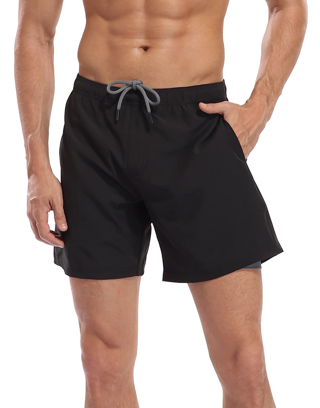 LRD Mens Swim Trunks with Compression Liner 7 inch Inseam Quick Dry Swim Shorts Black/Gray - M