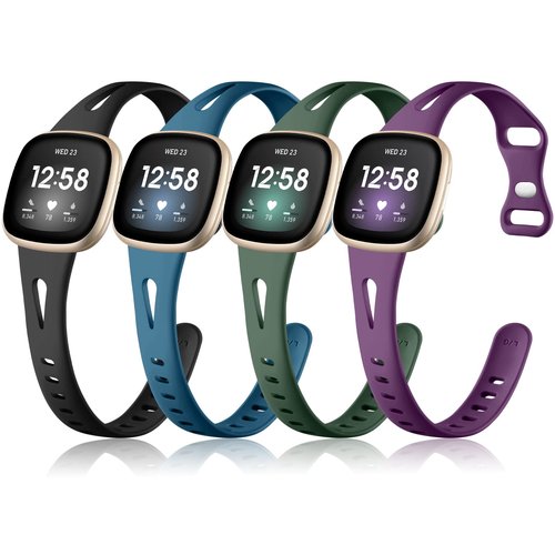 Ouwegaga Compatible with Fitbit Versa 4 Bands for Woman/Sense 2/Sense/Versa 3 Bands for Men,Soft Silicone Slim Sport Strap Compatible with Fitbit Versa 4/Sense 2/Sense/Versa 3 Smartwatch, 4 Pack Small