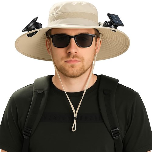 Solar Fan Hat, Hat with Fans Solar Power, Solar Fan Fats for Men, Outdoor Wide Brim Sun Hat with 2 Solar Fan for Outdoor Fishing,Hiking, Beach. Grey