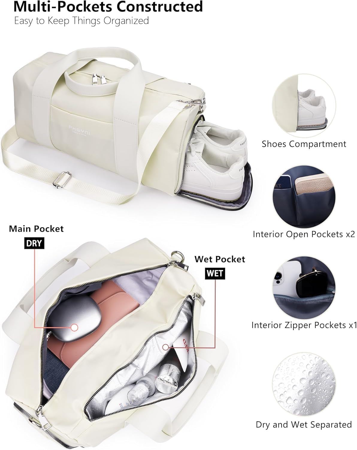 Sports Small Gym Bag for Women, Cute Mini Duffle Bag with Wet Pocket & Shoes Compartment, Personal Item Travel Workout Bag, 16"-Small, Beige