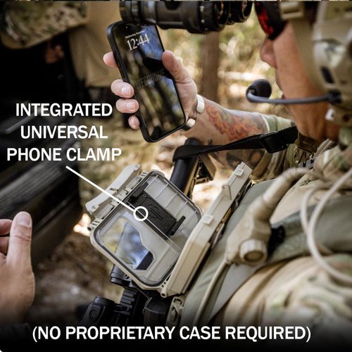 Thyrm DarkVault Comms 2.0 Critical Gear Case with Patch Panels, Integrated Phone Clamp, Viewing Window, for Chest Rig Compatible with Smartphones, Made in USA (Tan Front/FDE Back, Large)