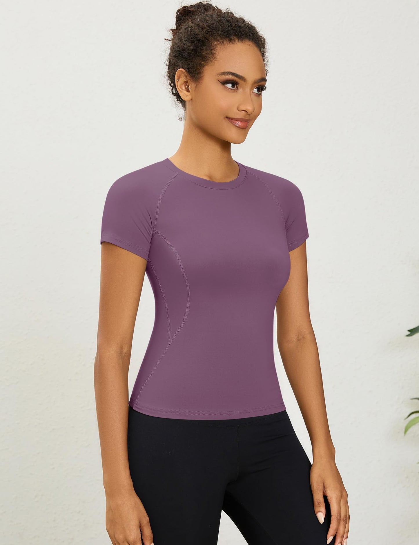 LOMON Workout Tops for Women Short Sleeve Athletic Shirt Crewneck Slim Tees Running Gym Pilates Shirts Outfits(Grey Purple,Medium)