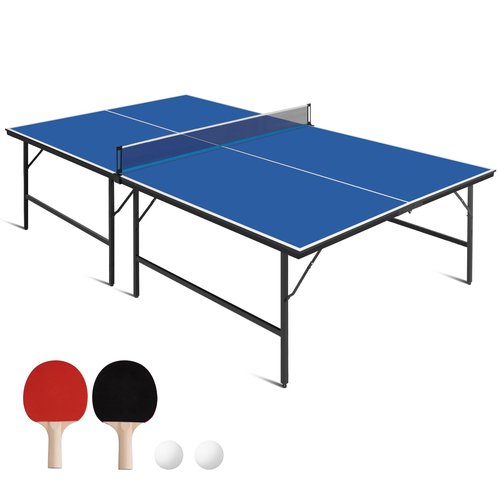 Ping Pong Table Set for Indoor, 9FT Foldable Table Tennis Table with Net, 2 Paddles, 2 Balls, Steel Outdoor Ping Pong Net Set & Frame, Multi Use Conference Table Dining Table