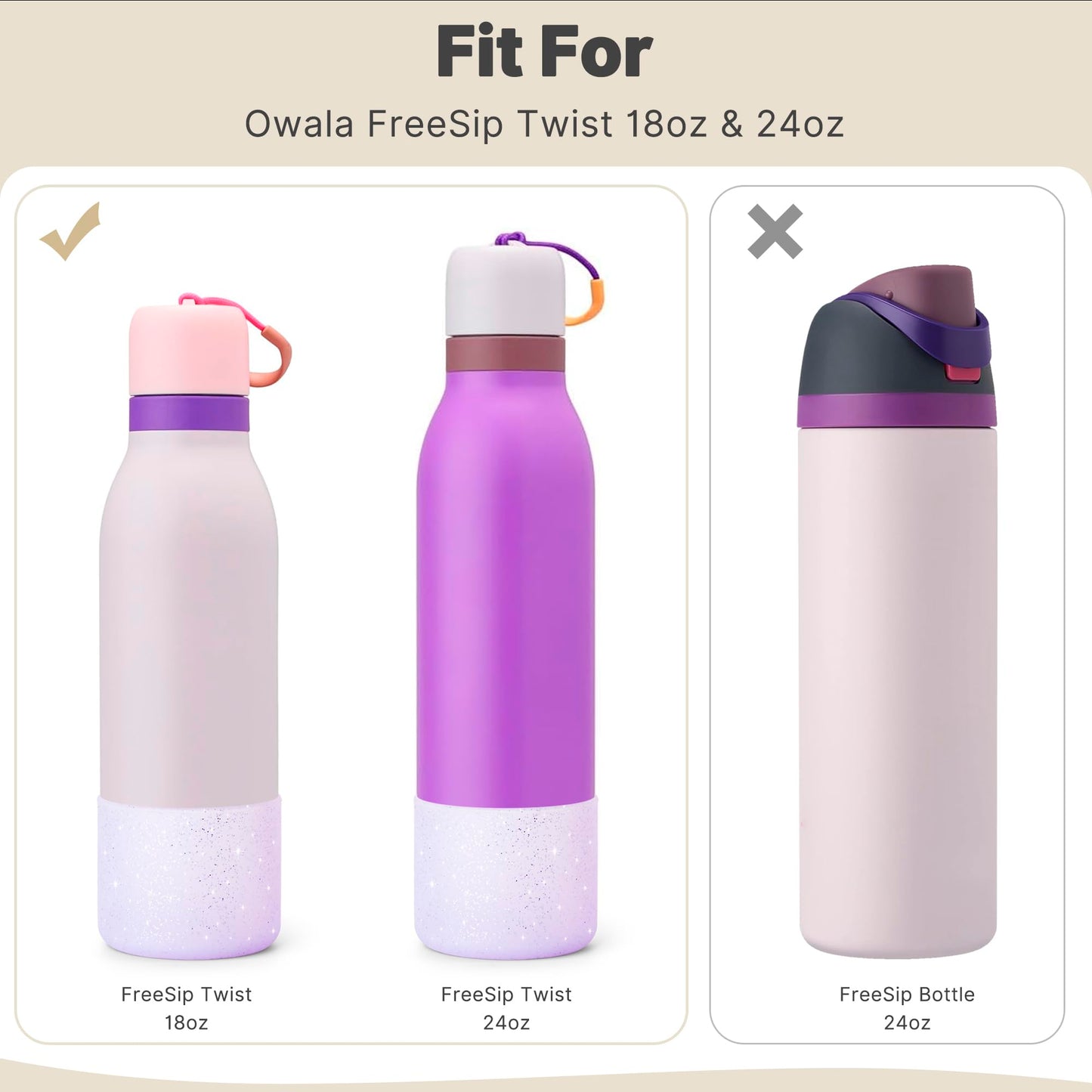 Lpaacat Silicone Water Bottle Boot for 24/18 oz Owala FreeSip Twist, Anti-Slip Rubber Bottom Protector Sleeve Cover Compatible with Owala 24 oz FreeSip Twist Water Bottle with Straw (Glitter Purple)
