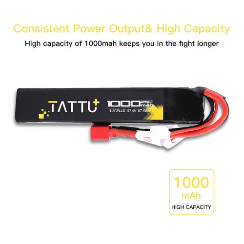 Tattu 7.4V Airsoft LiPO Battery with Deans Connector, 1000mAh 25C 2S Battery Pack for Airsoft Guns
