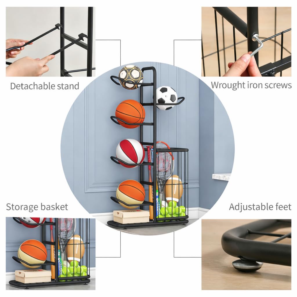 MLUPODY Sports Ball Storage Rack | Adjustable Vertical Stand for Basketball, Soccer, Volleyball & More | Durable Steel Organizer for Garage |5-Ball |45.7 inches, black