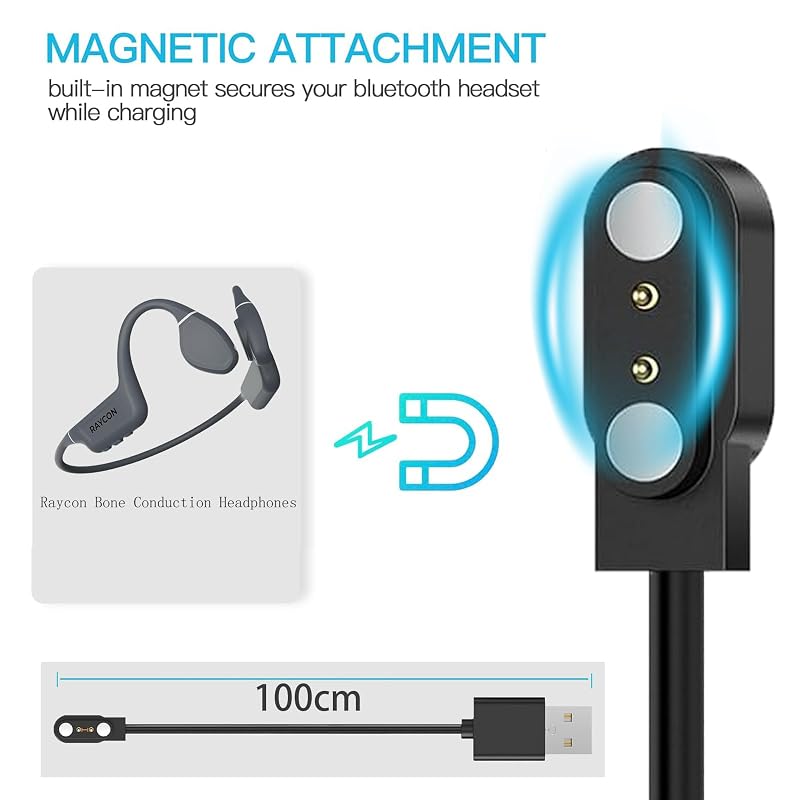 Lamshaw 2 Pack Magnetic Charger Cables for Raycon Bone Conduction Headphones - Black & White