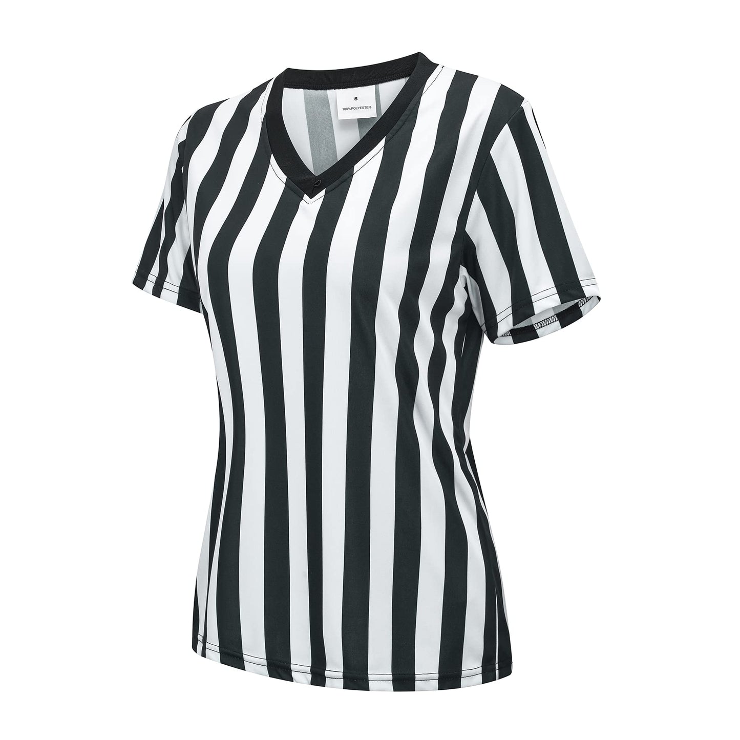 Women's Official Referee Shirt Black & White Stripe Ref Umpire Jersey Short Sleeve for Basketball Football Hockey V-Neck L