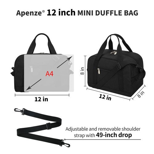 Apenze Small Gym Bag Carry On Bag - 12 in Mini Duffle Bag Lightweight for Overnight Travel（Black）