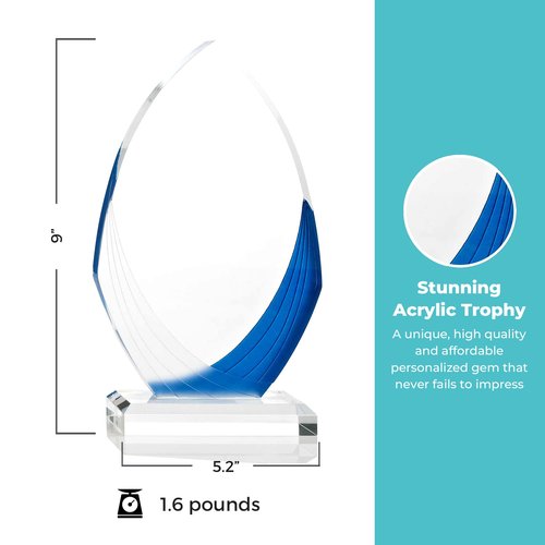 Baudville Awards 9" Peaked Ellipse Shaped Blue & White Acrylic Engraved Trophy - for Employees - Personalized Engraving