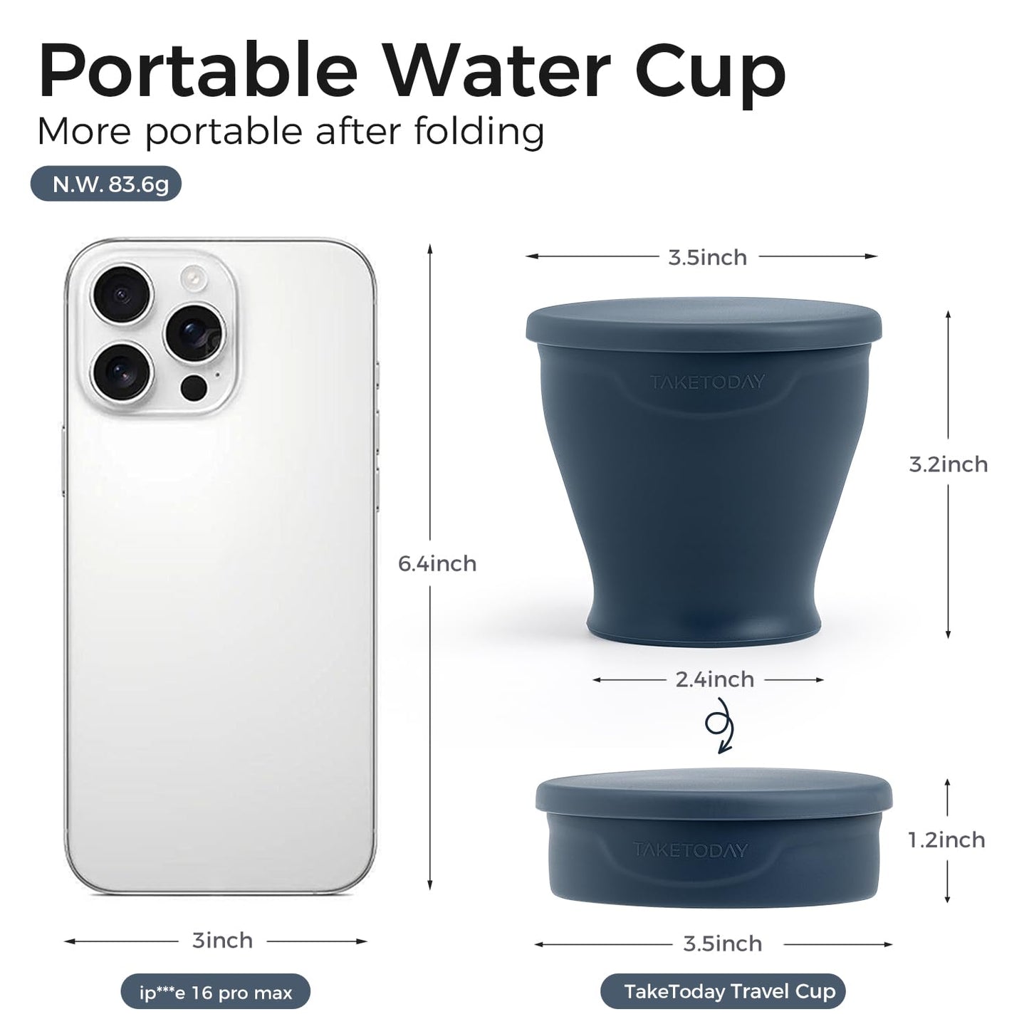 TakeToday Collapsible Travel Cup 8 Oz, Silicone Foldable Water Cup, BPA-Free with Lid & Waterproof Bag - Drinking Cup Set for Camping, Outdoors & International Travel, Navy