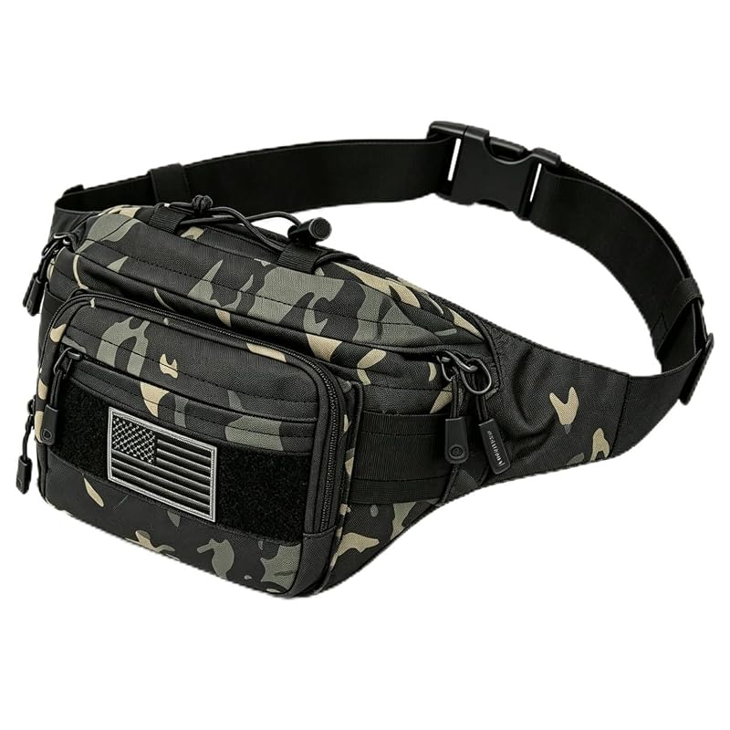 Tactical Fanny Pack with U.S. Patch | 4-Zip Military Waist Bag for Outdoors (Black, 14.6" L)