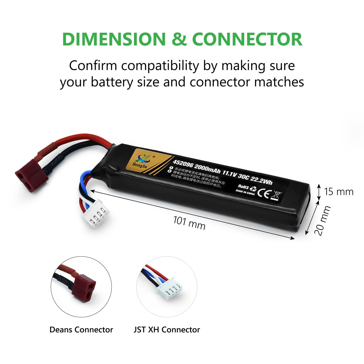 11.1V LiPo Airsoft Battery with Connector 2000mAh 30C Rechargeable Stick Batteries for Airsoft Guns Airsoft Rifle