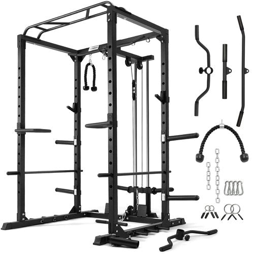 RitFit All-in-One Squat Rack for Home Gym, PPC02C Multi-Function 1000 LBS Capacity Power Cage with LAT Pulldown, Pulley System, Dip Bar, Landmine & More Power Rack Attachments (Black Only Cage)