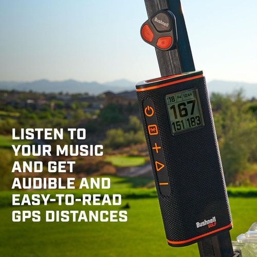 Bushnell Golf Wingman View GPS Speaker | LCD Screen, Magnetic Mount, Music & Audible Distances for 36,000+ Courses, Wireless Remote, 36-Hole Battery, Hazard Info, Signature Series Golf Towel