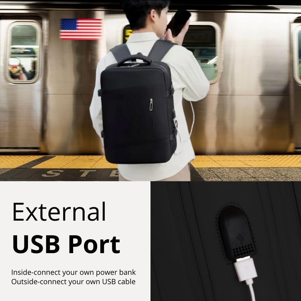 Homefy 35L Black Travel Laptop Backpack for Men & Women, Waterproof & TSA-Friendly Carry On for 17.3'' Laptops, Flight Approved Personal Item with USB Charging Port