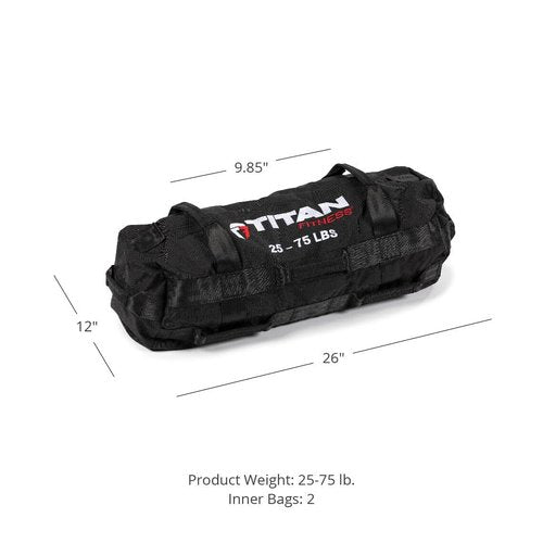 Titan Fitness 25-75 LB PRO Strongman Sandbags, Double Layer, 1050D Cordura, Black, Carry Home Gym Training