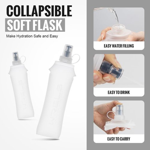 WRELS TPU Collapsible Soft Flask,Lightweight PBA Free Folding Running Water Bottles,Leakproof Durable Hydration Flask for Outdoors (500ml/16.9oz-2 Packs-White)