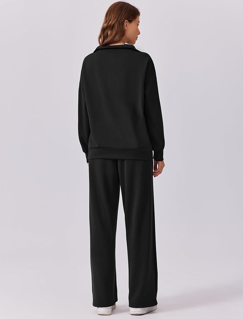 PINSPARK 2-Piece Lounge Set for Women with Half Zip Sweatshirt & Wide-Leg Pants - Black, Medium, Standard