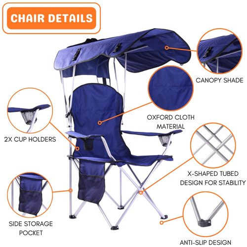 CozyBox Portable Folding Camping Chairs with Canopy Shade, Beach Chair for Adults, Durable Weather Resistant 600D Oxford Cloth, Camping Chair with Canopy for Outdoors [Navy]