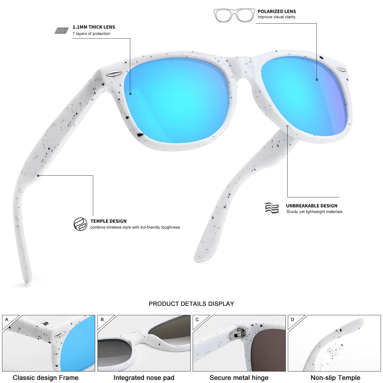 SEKKAF Kids Polarized Sunglasses for Boys Girls,Retro Toddler Sun Glasses UV Protection Shades
