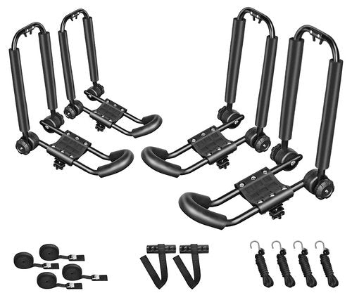 DRSPORTS Two Pairs Universal Foldable J-Bar Kayak Rack Folding Car Roof Top Carrier for Canoe, SUP, Kayaks, Surfboard and Ski Board Rooftop Mount on SUV, Car and Truck