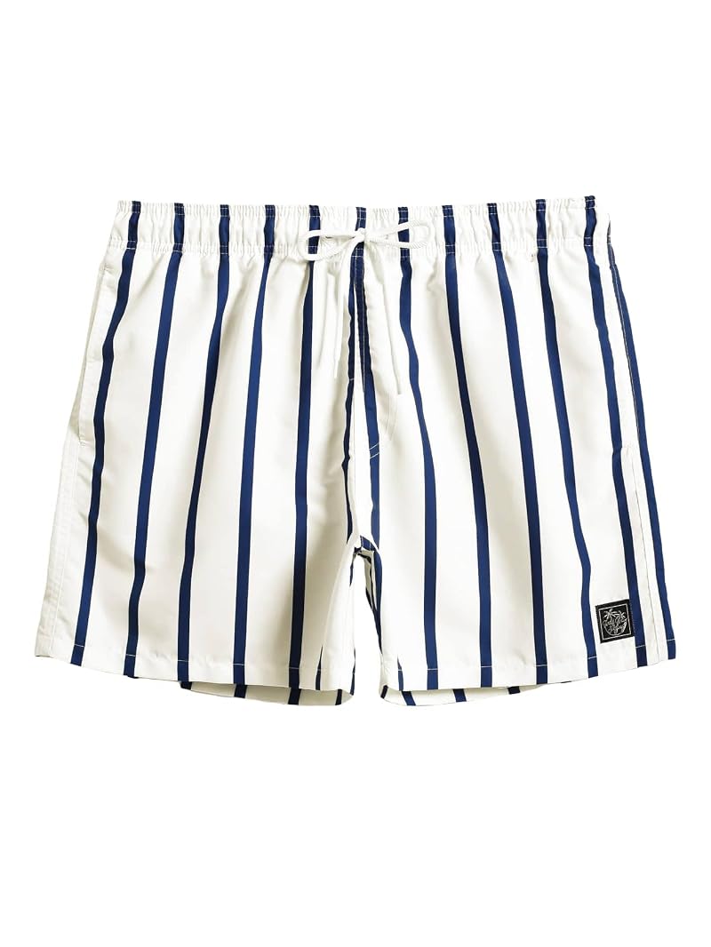 COZYEASE Men's Swim Trunks Quick Dry Elastic Drawstring White Stripes XL